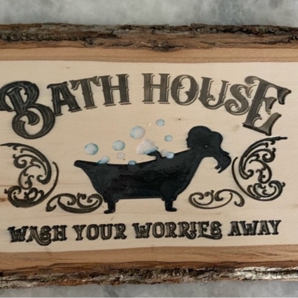 Rustic Bath House Wooden Sign - Black & Brown Cottagecore Style NEW - Picture 2 of 2